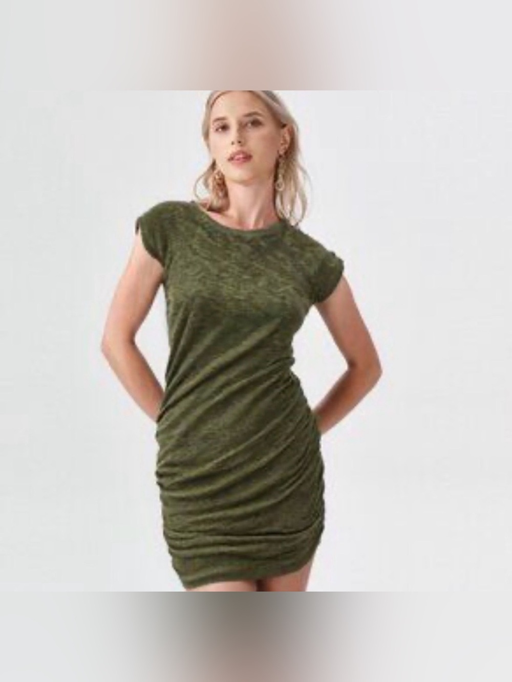 Zara Olive Ruched Cap-Sleeve Knit Dress